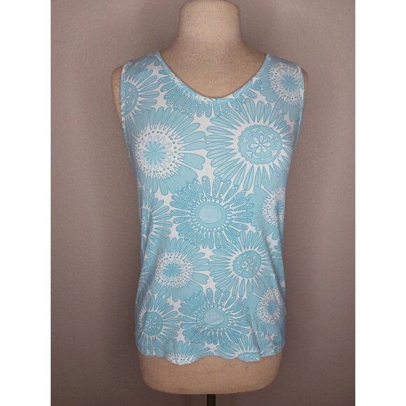LL Bean Womens Medium Tank Top Shirt Stretch Workout Blue and White Print - Picture 1 of 9
